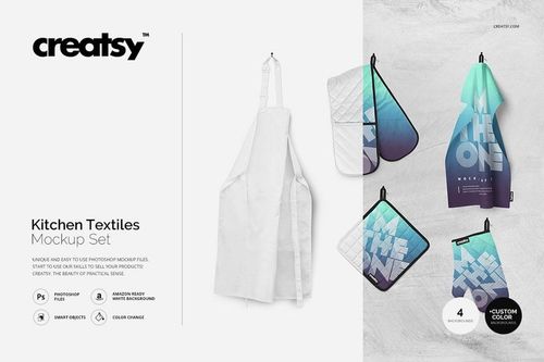 PSD mockup of home kitchen textiles with a white apron and patterned pot holders and towels, arranged neatly.