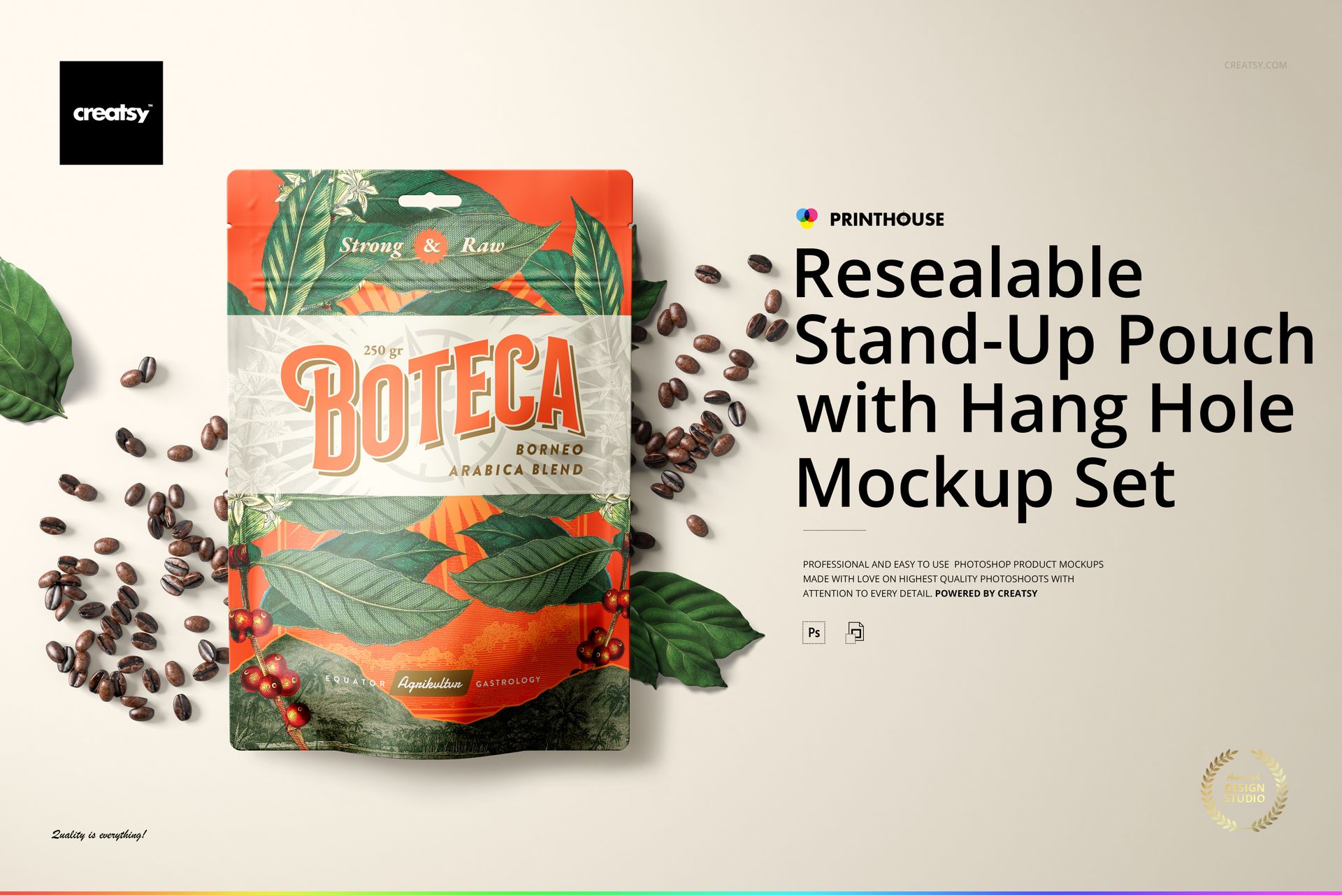 Mockup of a food and beverage stand-up pouch with hang hole, decorated with leaves and coffee beans on a light background.
