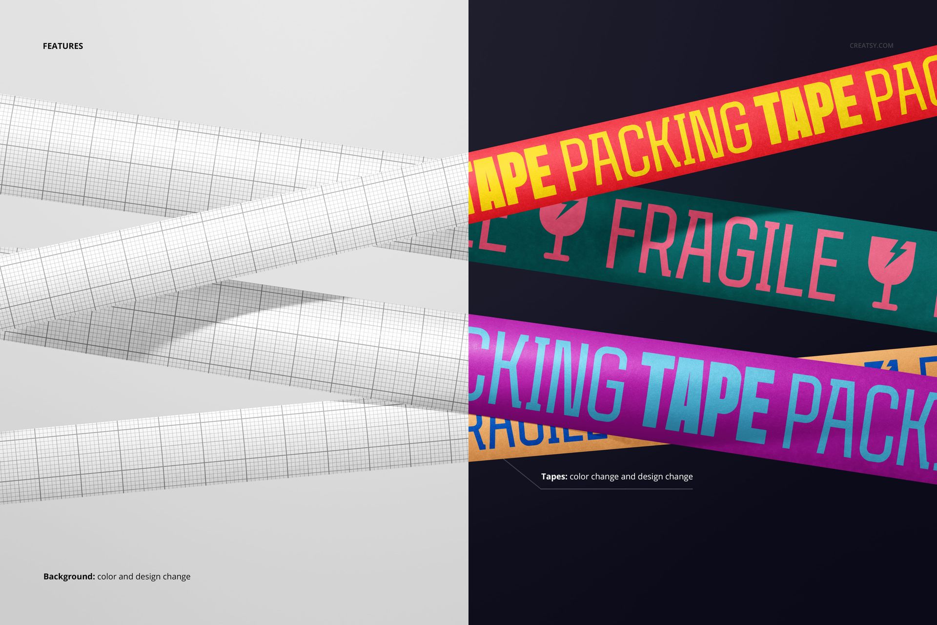 Mockup showing packaging tapes in different sizes, displaying both blank grid styles and vibrant packing tape designs.