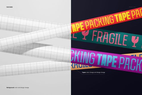 Mockup showing packaging tapes in different sizes, displaying both blank grid styles and vibrant packing tape designs.