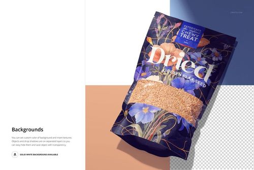 Front view of a paper pouch packaging mockup filled with golden flax seeds, featuring a floral design and blue accents.