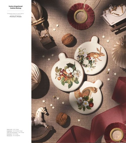 Christmas PSD mockup showing ceramic ornaments with nature-inspired artwork, placed on a linen background with festive elements.