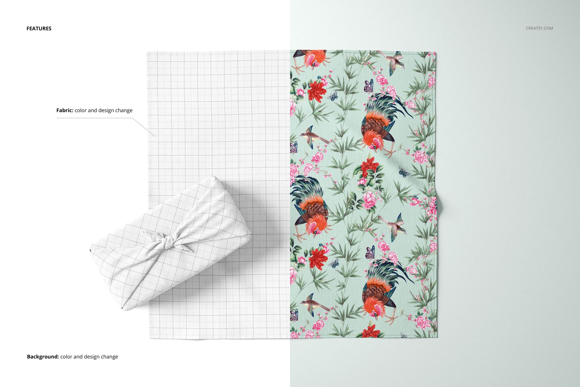 Furoshiki fabric wrap mockup showing a folded cloth with a grid pattern and an unfolded fabric with a colorful floral design.