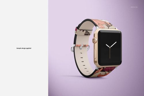PSD mockup of an Apple Watch with a decorative leather band, shown in a three-quarter view on a pastel surface.