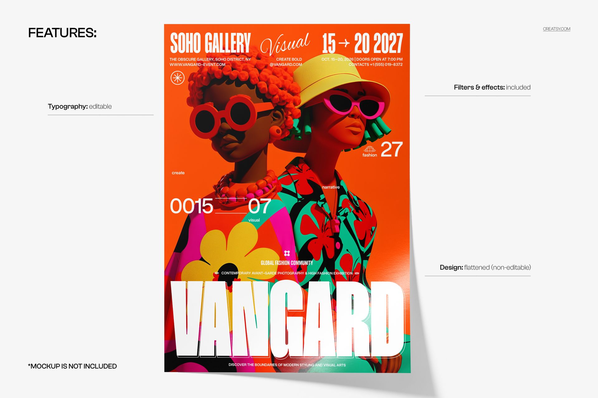 Front view of a vibrant poster mockup featuring two stylized figures in colorful outfits and sunglasses against an orange background.