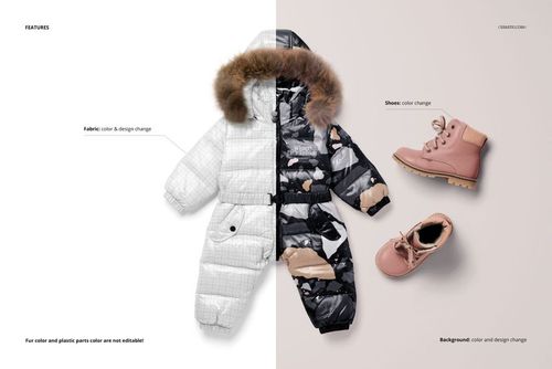 Baby snow suit mockup featuring a fur-trimmed hood, patterned and plain sides, shown with pink boots on a neutral backdrop.