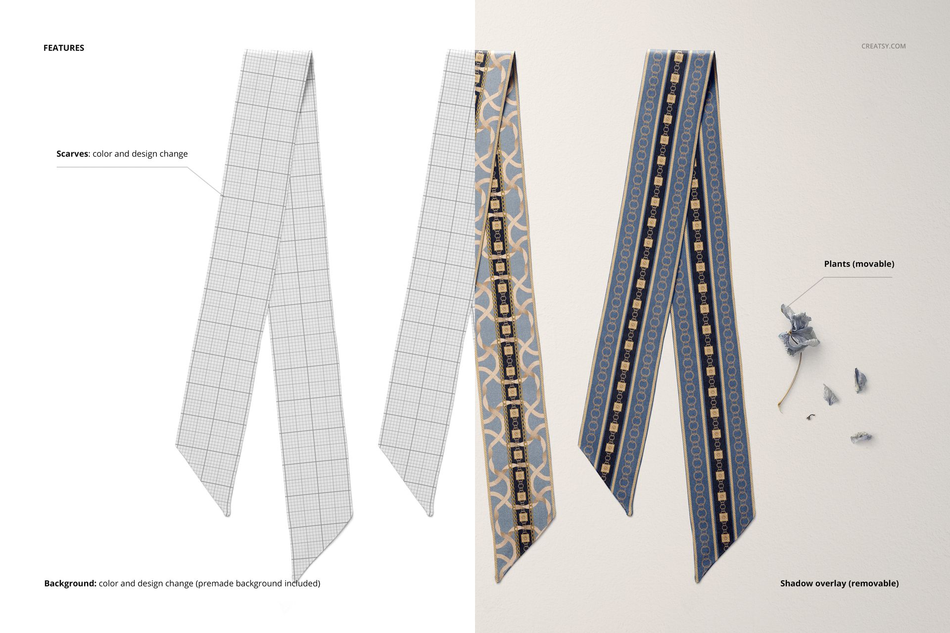 Top view of three twilly scarves mockup, each with unique designs and colors, placed on a light background with props.
