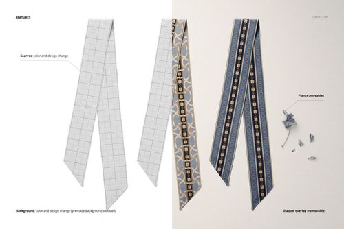 Top view of three twilly scarves mockup, each with unique designs and colors, placed on a light background with props.