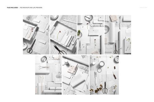 Top view of a rustic flat lay moodboard mockup featuring fabric samples, scissors, paper sheets, and small props on a white surface.