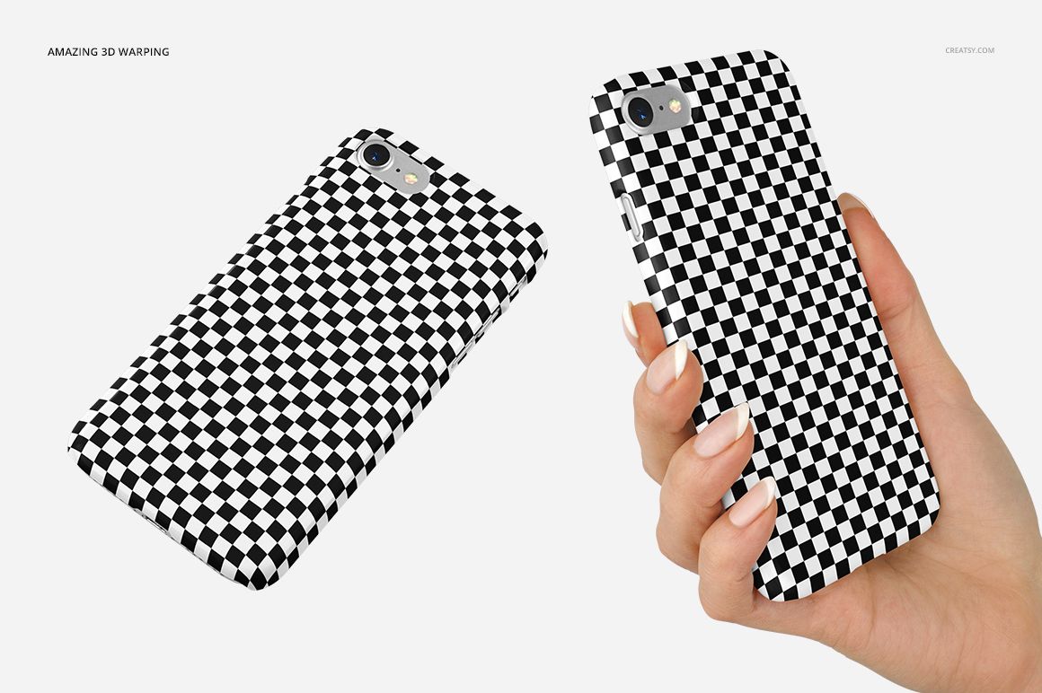 iPhone 7 plastic case mockup featuring a bold black and white checkered pattern, displayed with one case held and one lying flat.