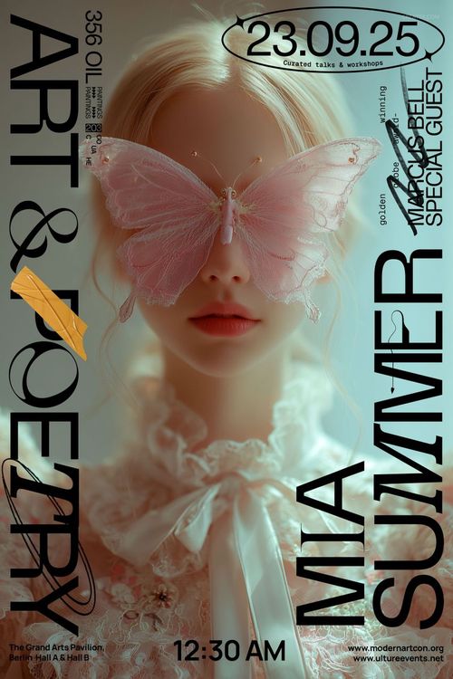 Poster mockup featuring soft pastel colors, ornate lace details, and bold black typography over a delicate background.