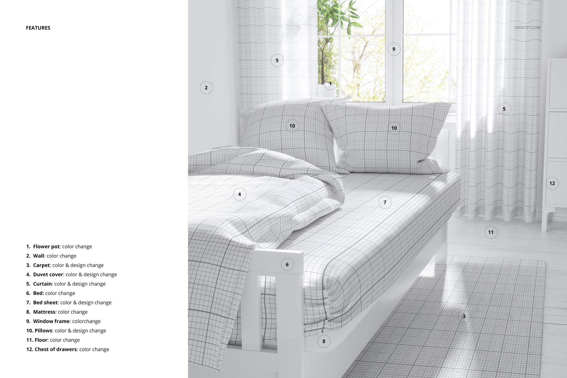 Kids bed sheet mockup featuring a white sheet and pillow set with thin black grid lines, shown in a bright bedroom.