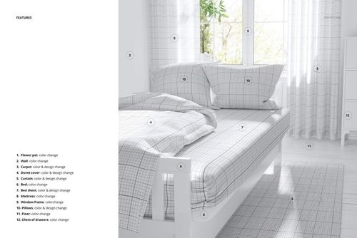 Kids bed sheet mockup featuring a white sheet and pillow set with thin black grid lines, shown in a bright bedroom.