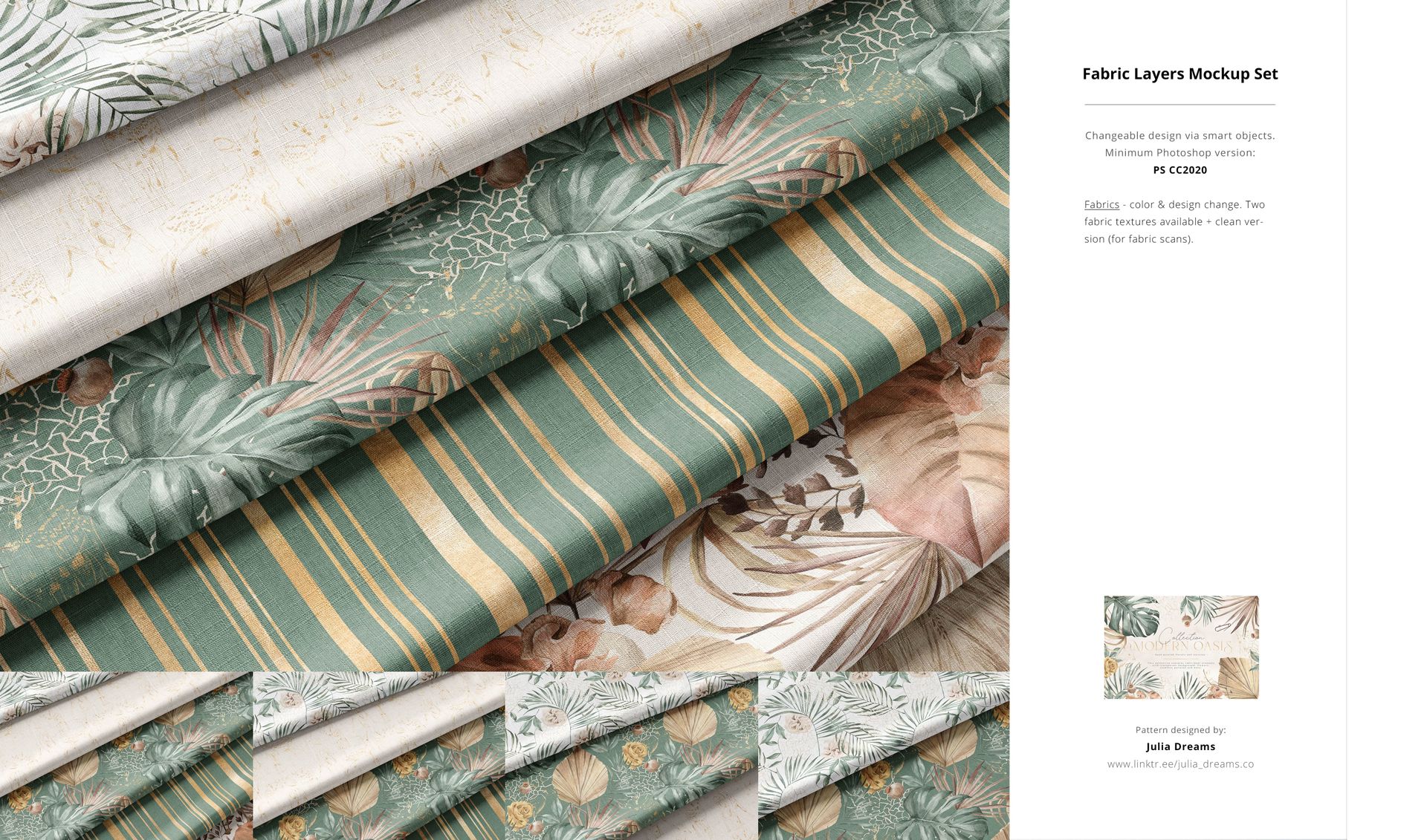 Fabric mockup set displaying several textile samples with nature-inspired prints and stripes, arranged in a layered stack.