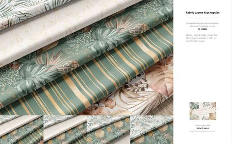Fabric mockup set displaying several textile samples with nature-inspired prints and stripes, arranged in a layered stack.
