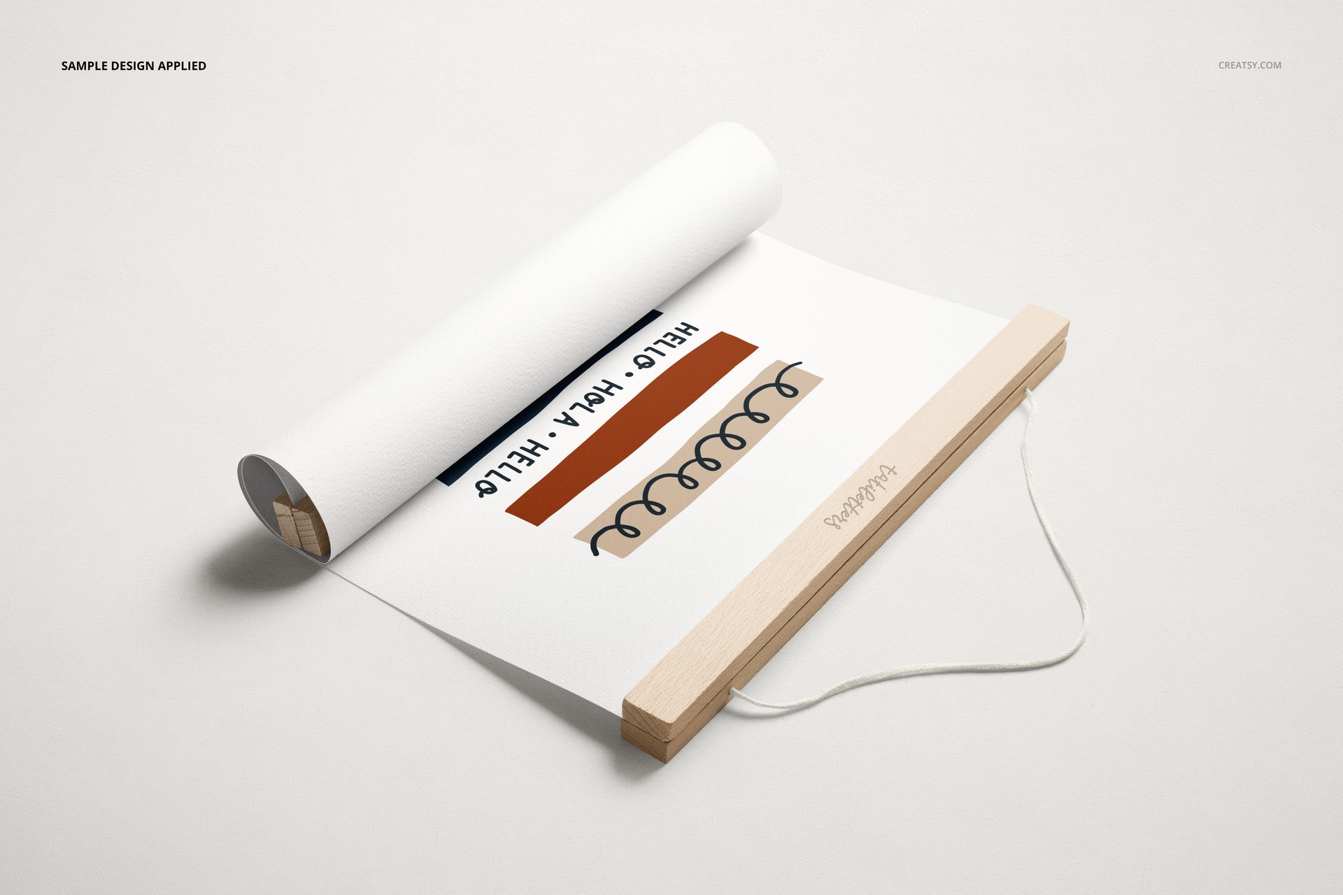 Front view of a white A3 poster in a wooden hanger mockup, with brown and black graphic elements and visible string.