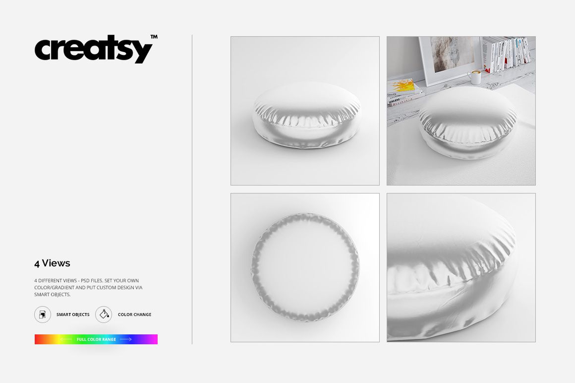Set of two round shiny fabric pillows in white, shown in four mockup views including top and front perspectives.