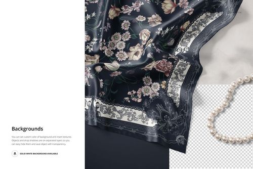 Silk scarf mockup showing detailed floral design in pastel colors, dark border, and pearl strand on the side.