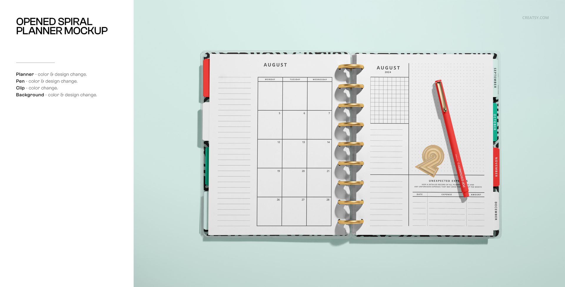Top view of an opened spiral planner mockup with a red pen, paper clip, and calendar pages on a light background.