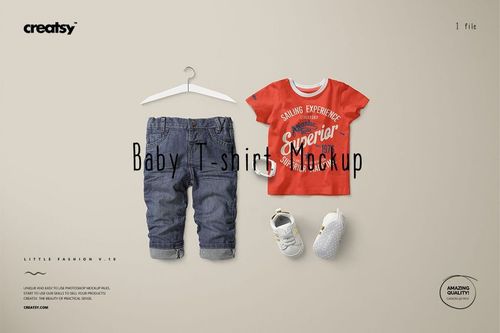 Front view of a baby T-shirt mockup in red, displayed alongside blue jeans, white shoes, and a light background.