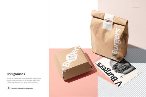 Front view of fast food packaging mockup featuring a kraft paper burger box, paper bag, and printed menu on a pink and white surface.