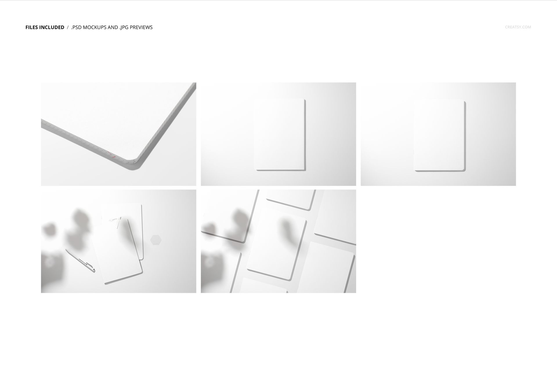 A5 notebook mockup set featuring blank white covers in various perspectives, including close-up and top view.