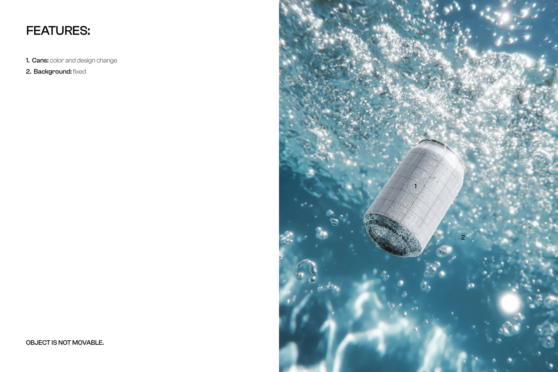 Silver cylindrical can submerged in sparkling blue water, shown in a floating perspective for a drinkware mockup.