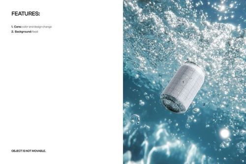Silver cylindrical can submerged in sparkling blue water, shown in a floating perspective for a drinkware mockup.