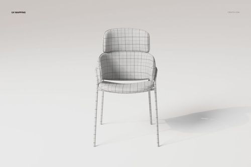 Front view of a modern arm dining chair 3D model with a wireframe grid pattern on a plain light background.