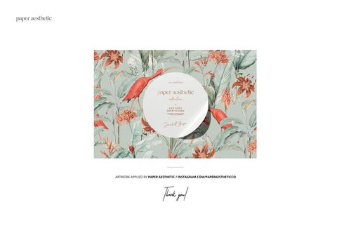 Front view of a rectangular canvas pouch mockup featuring botanical designs in muted red and green colors.