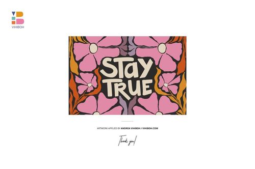 PSD mockup of a rectangular canvas displaying retro-style floral motifs in pink and orange with central text message.