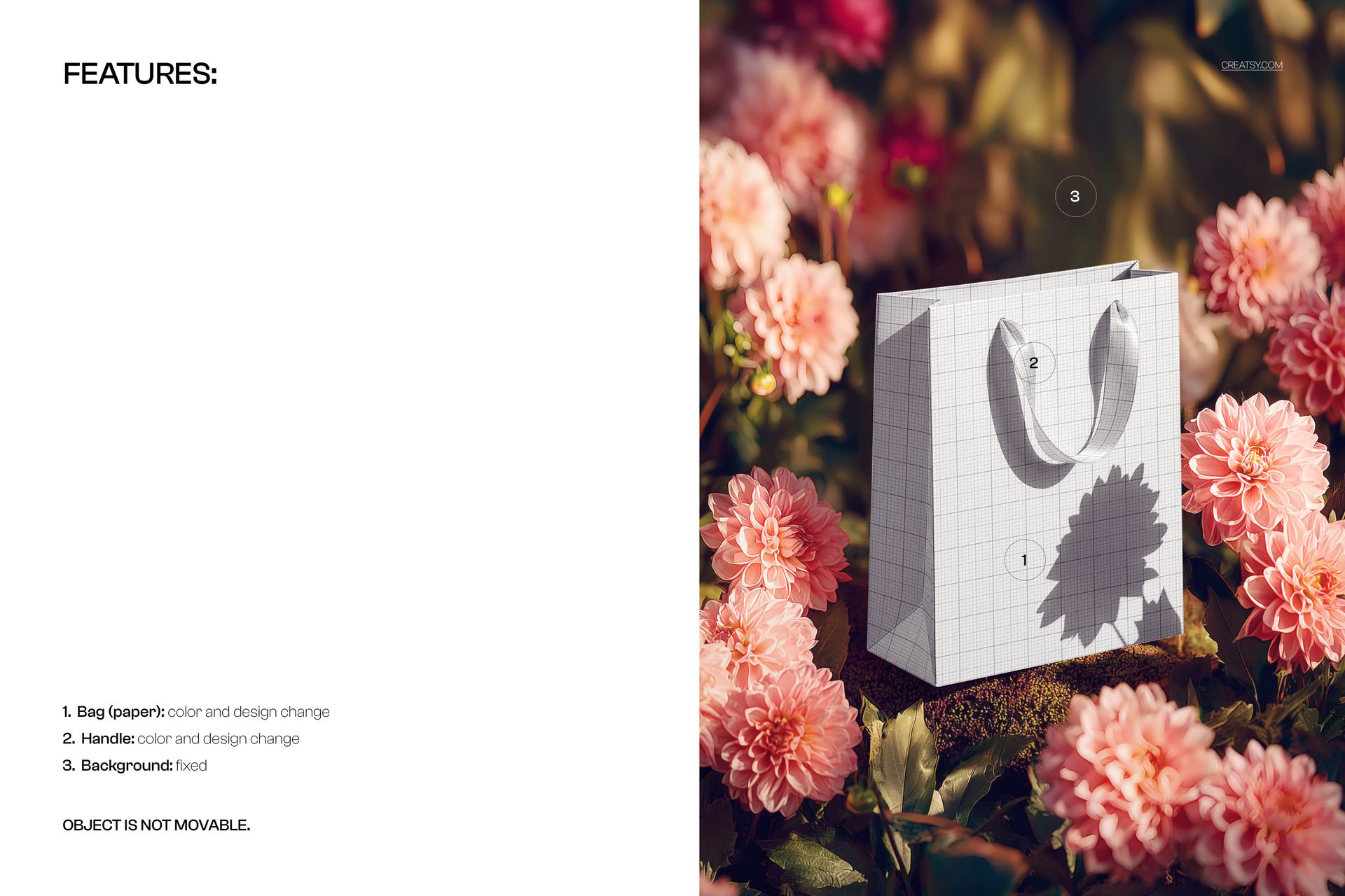 Front view of a paper shopping bag mockup with grid pattern, placed among pink flowers and green leaves outdoors.