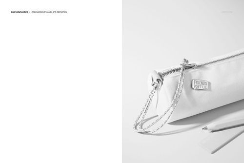 Front view of a fabric pencil case mockup in light gray, displayed with a zipper and cord, alongside a pencil and eraser.