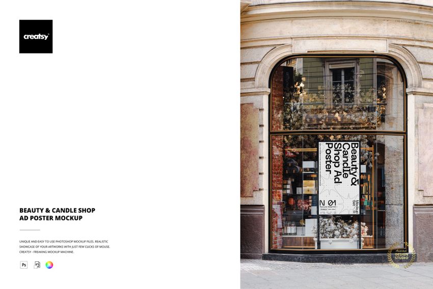 Front view of a beauty and candle shop exterior with a large advertising poster mockup displayed in the window.