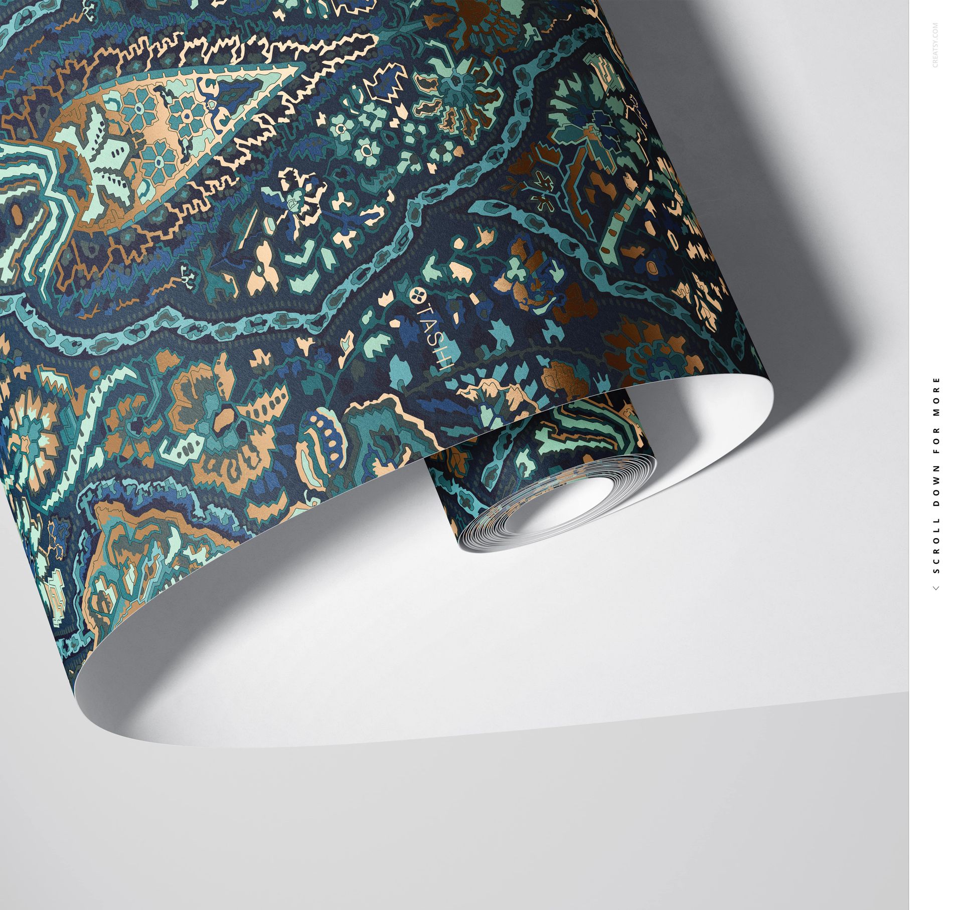 Detailed paper wallpaper mockup roll with ornate teal, blue, and gold design, displayed on a plain background in bright light.