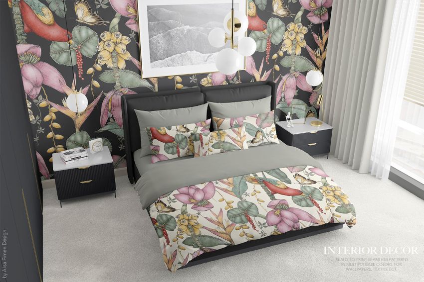 Bedroom scene bedding mockup showing a bed with botanical and bird patterned duvet in a modern room with floral wallpaper.