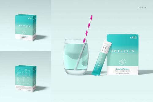 Box with sachets packaging mockup set featuring a turquoise box, sachet, and glass with striped straw on a light background.