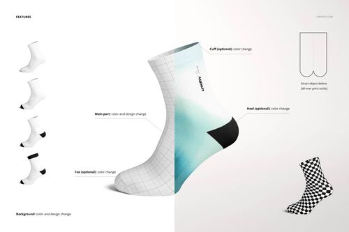 Short socks mockup with split design showing editable areas, including grid pattern and blue gradient, front view.