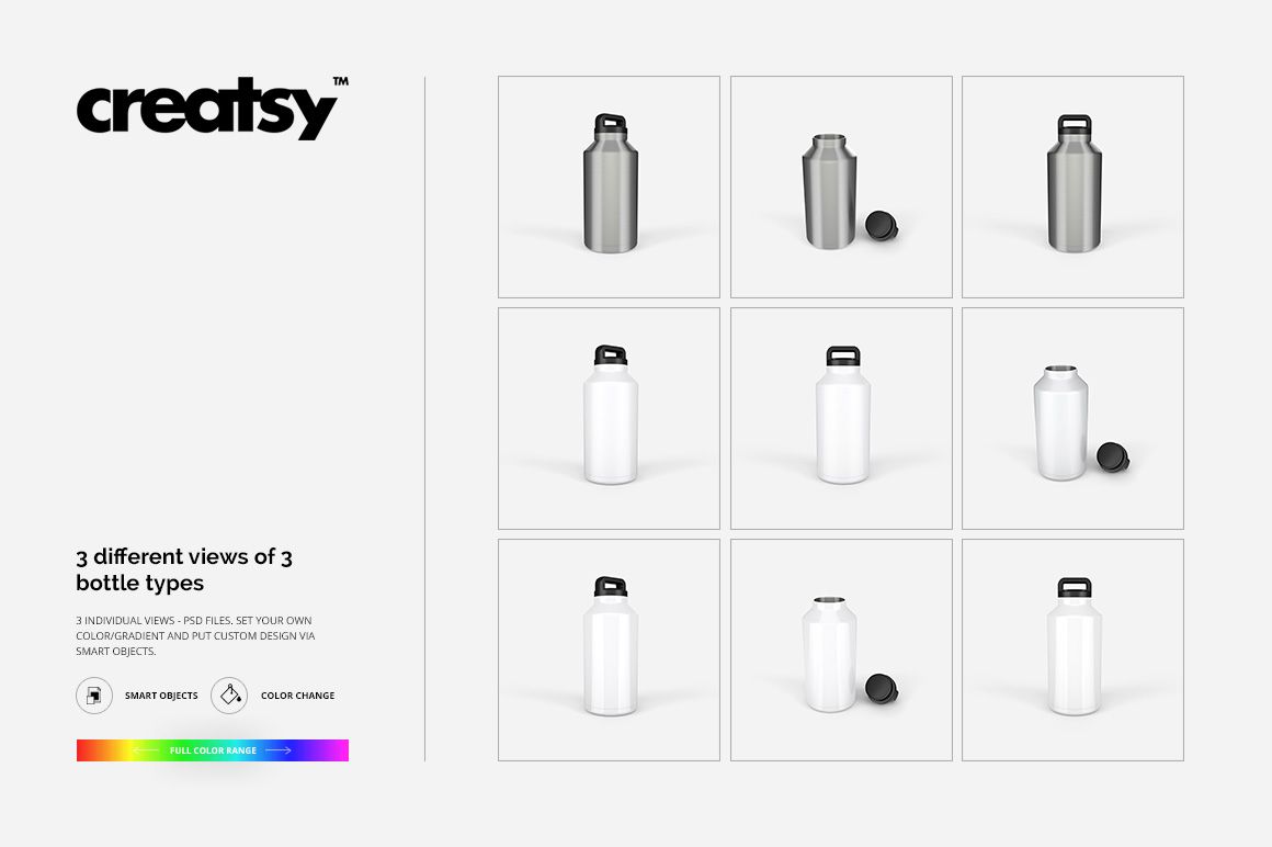 PSD mockup set featuring insulated double wall tumblers in various finishes, arranged in a three-by-three grid on a light background.