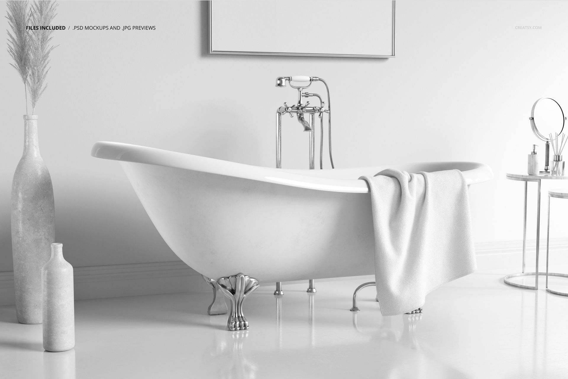 Victorian style bathroom mockup featuring a classic clawfoot bathtub with a towel draped over the edge in a bright, minimal setting.