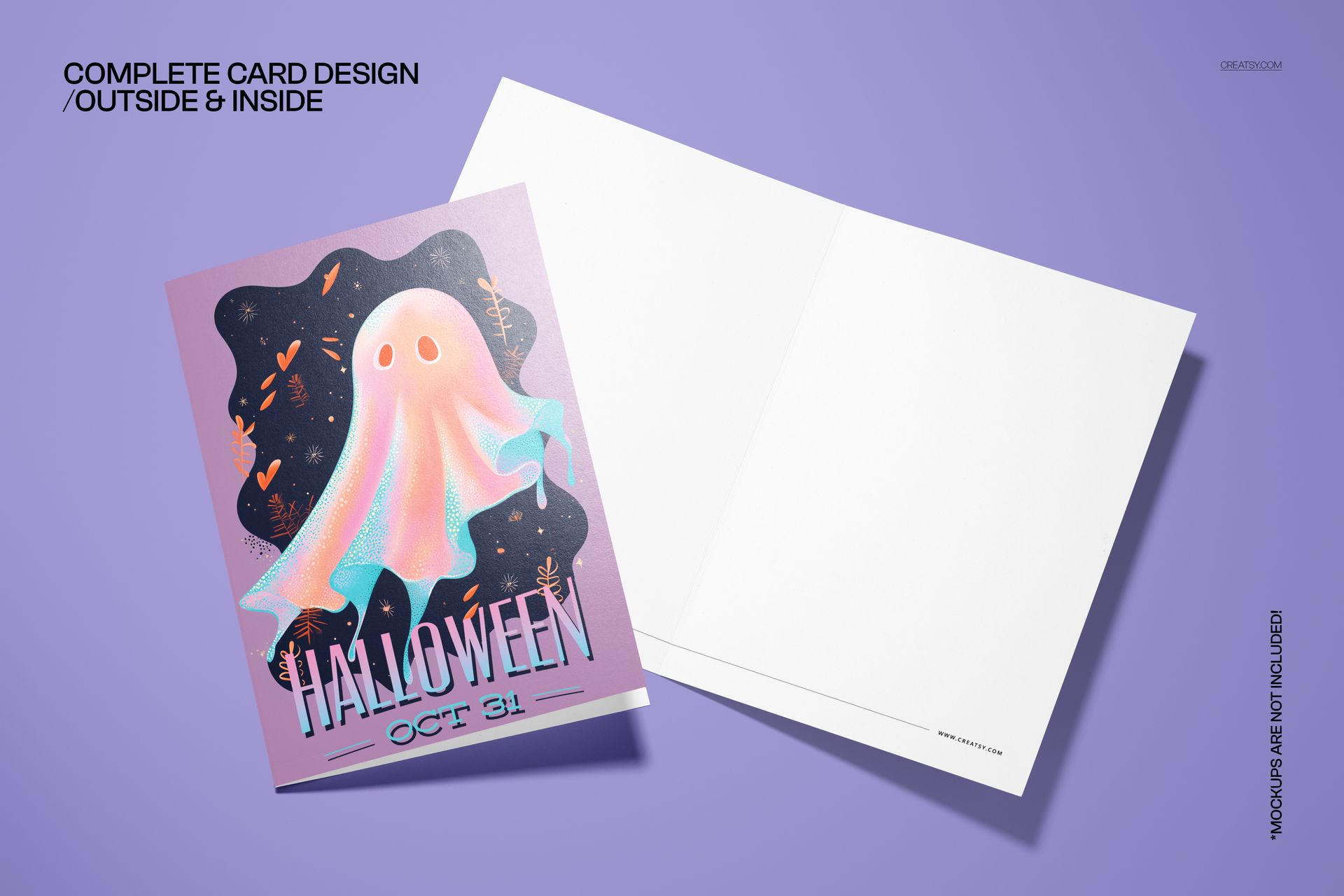 PSD mockup showing a 5x7 card with ethereal ghost artwork on the cover and blank inside on a purple surface.