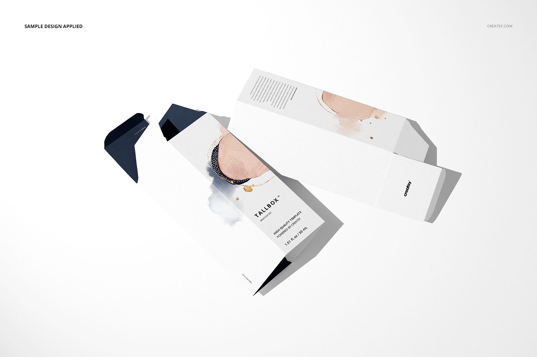 Tall rectangular box packaging mockup with white exterior, abstract artwork, and open lid, shown from above.