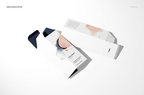 Tall rectangular box packaging mockup with white exterior, abstract artwork, and open lid, shown from above.