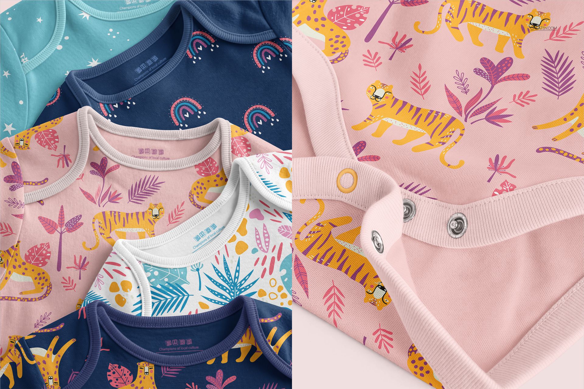 PSD mockup featuring short-sleeved bodysuits for babies, displayed with vibrant patterns and snap closures.