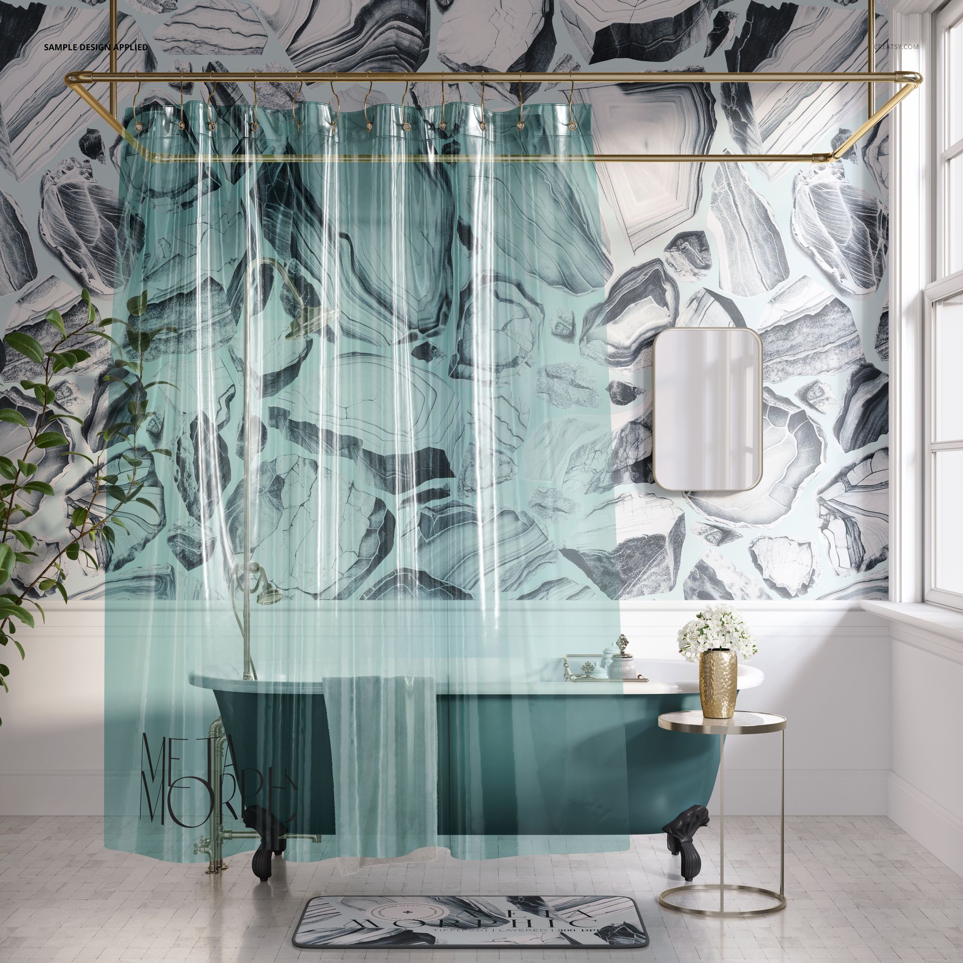Transparent shower curtain mockup in a modern bathroom with marble-patterned walls, bathtub, and decorative table.