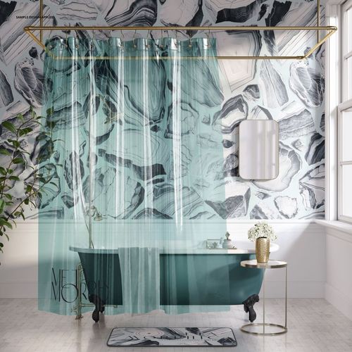 Transparent shower curtain mockup in a modern bathroom with marble-patterned walls, bathtub, and decorative table.