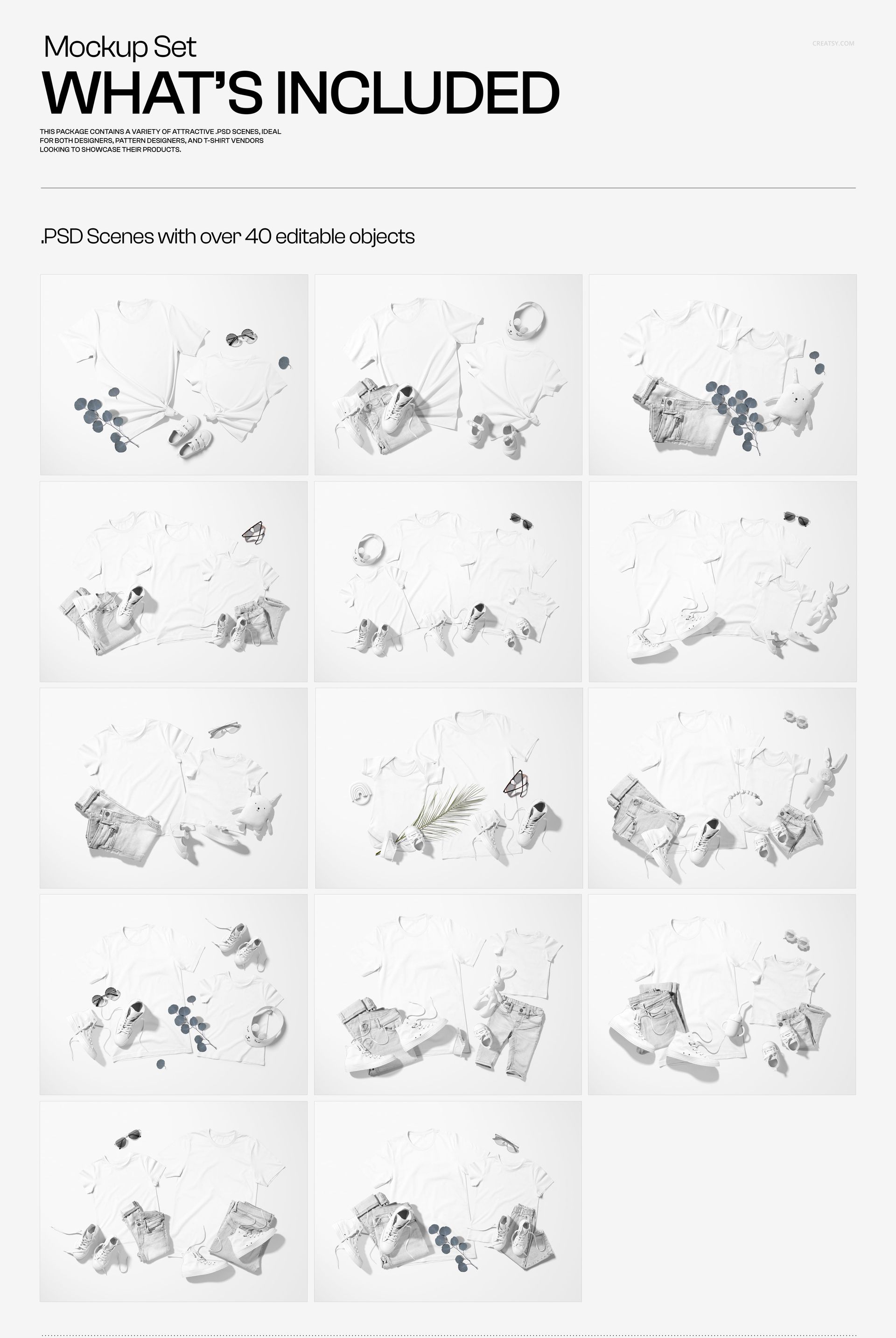 Front view of Bella Canvas 3001 family apparel mockup set showing various adult t-shirts and accessories in a grid layout.