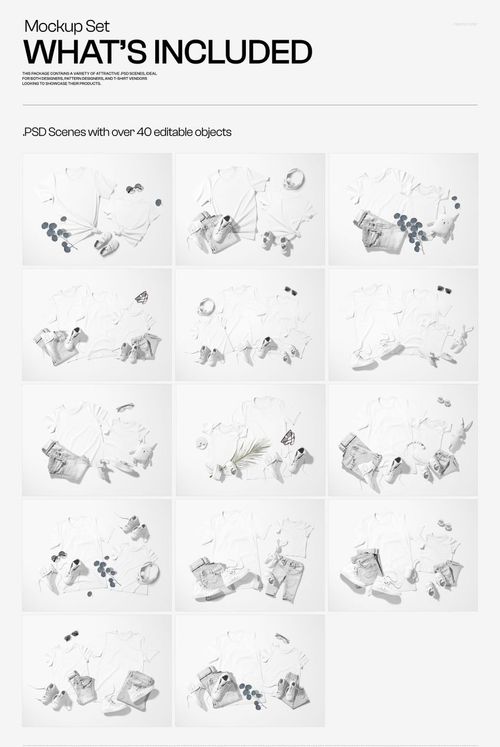 Front view of Bella Canvas 3001 family apparel mockup set showing various adult t-shirts and accessories in a grid layout.