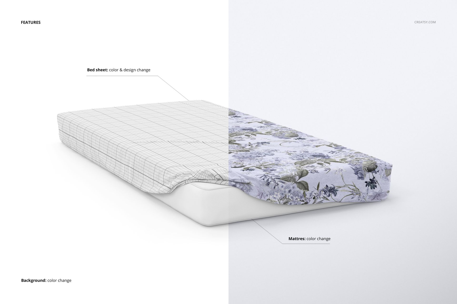 Brushed cotton sheet mockup showing a bed with half grid pattern and half floral design, front angled view.