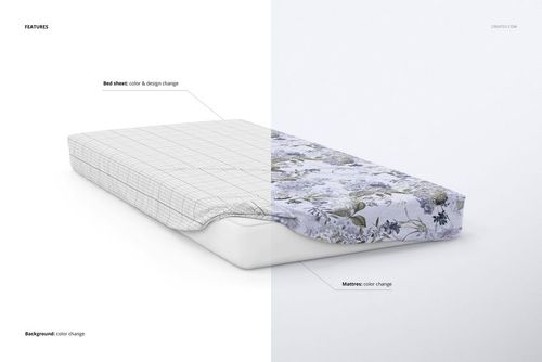 Brushed cotton sheet mockup showing a bed with half grid pattern and half floral design, front angled view.